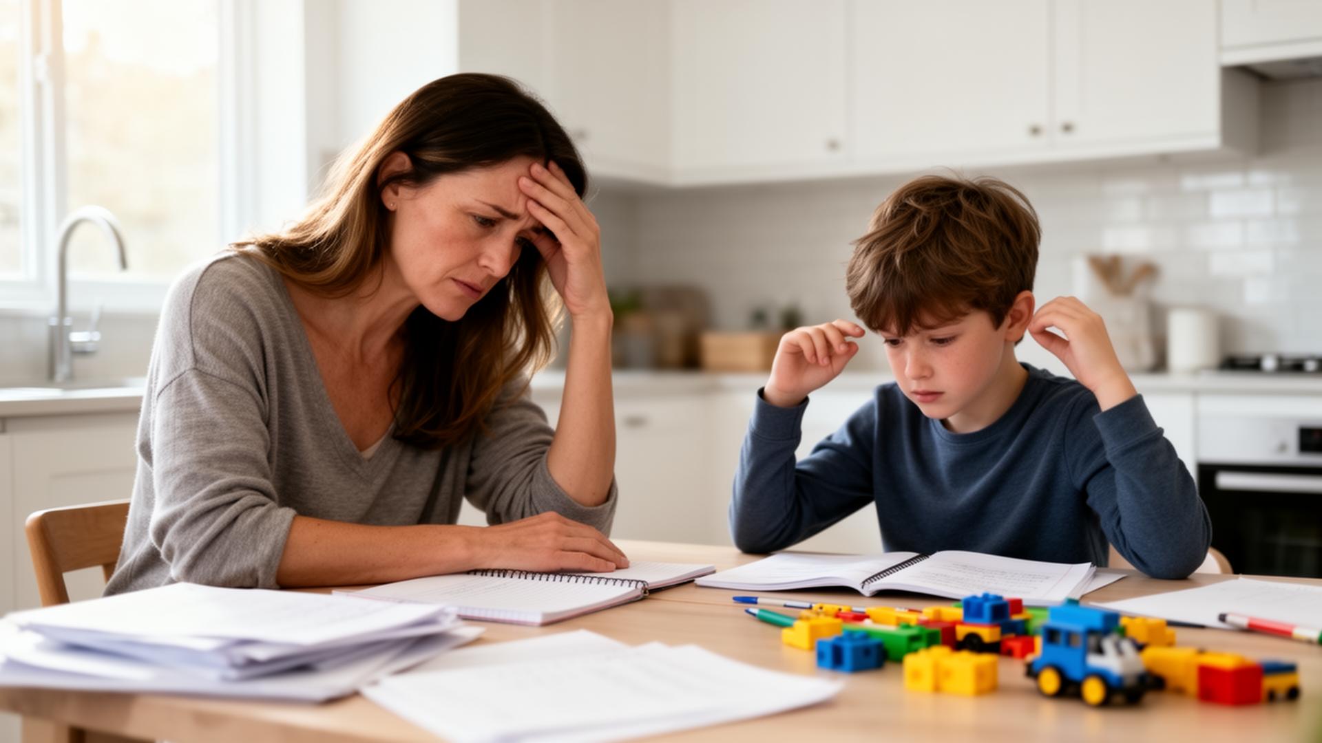 Overwhelmed mother and distracted child at home